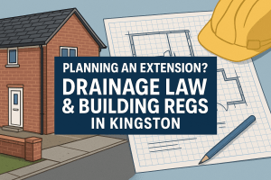 Professional image showing engineers inspecting drain pipes during a home extension project in Kingston Upon Thames, illustrating drainage laws and building regulation compliance.