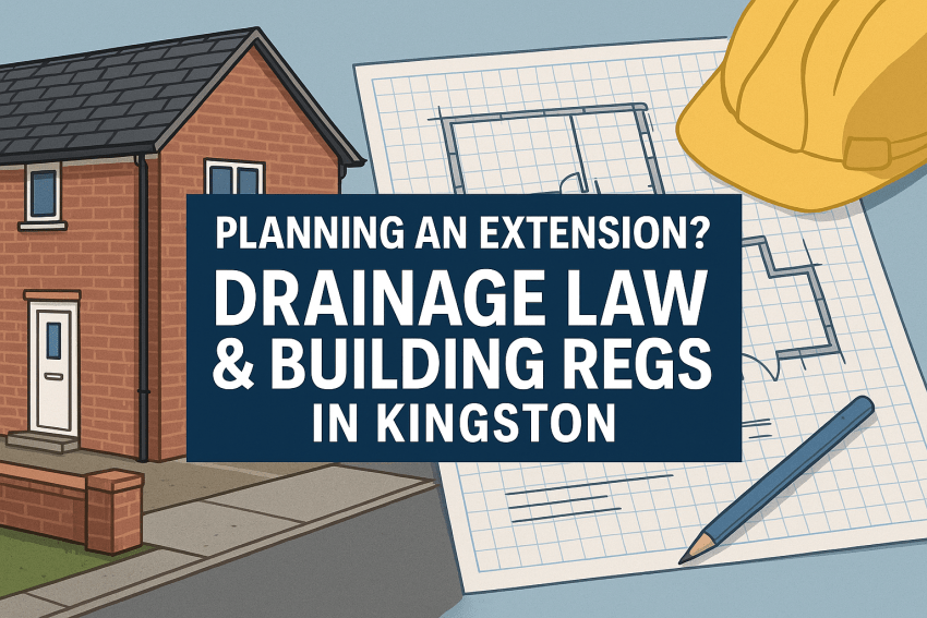 Professional image showing engineers inspecting drain pipes during a home extension project in Kingston Upon Thames, illustrating drainage laws and building regulation compliance.