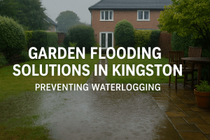 A flooded Kingston garden with water pooling near patio and lawn, showing how soakaway repairs prevent garden flooding.