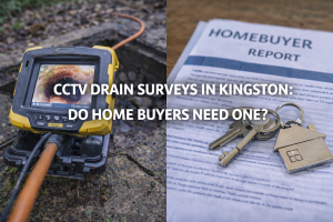 CCTV drain survey in Kingston showing a camera inspection alongside homebuyer documents, highlighting why buyers check drainage before purchase