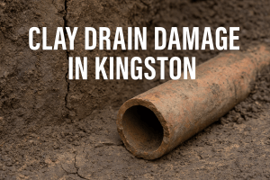 Old clay drainage pipe with soil cracks showing ground movement damage in Kingston.
