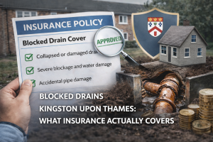 Blocked drain insurance cover in Kingston Upon Thames showing underground pipe damage and home insurance policy details