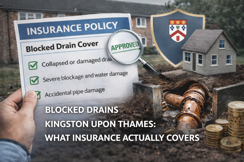 Blocked drain insurance cover in Kingston Upon Thames showing underground pipe damage and home insurance policy details