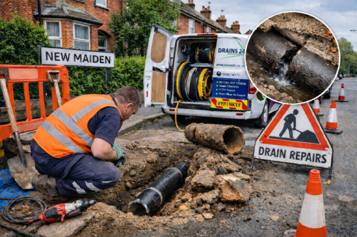 Drains24 technician inspecting a damaged underground drain pipe during a residential drain repair in New Maiden