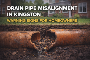 Cutaway view of a misaligned underground drain pipe with debris buildup beneath a Kingston Upon Thames home, illustrating early warning signs of drain pipe displacement for homeowners.
