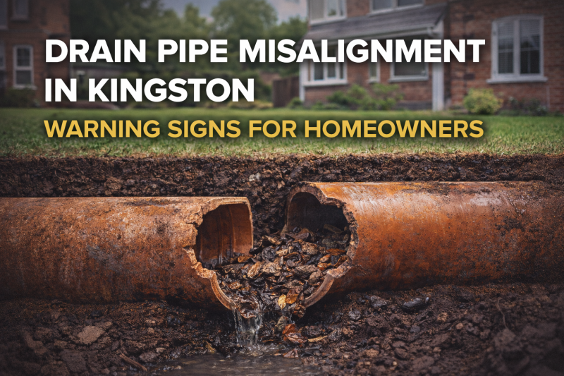 Cutaway view of a misaligned underground drain pipe with debris buildup beneath a Kingston Upon Thames home, illustrating early warning signs of drain pipe displacement for homeowners.