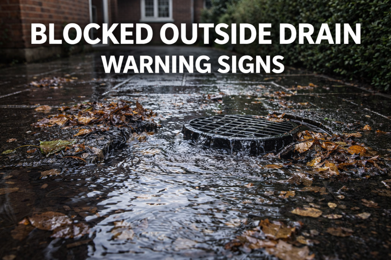 Blocked outdoor drain in a Kingston garden with water pooling and debris causing drainage issues