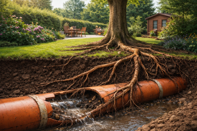 Tree roots growing into and cracking an underground drain pipe beneath a residential garden in Kingston upon Thames