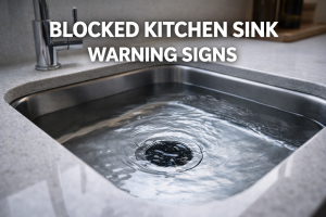 Kitchen sink with water not draining and sitting above plug hole in a Kingston home