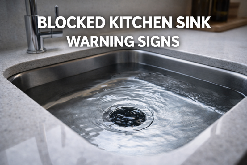 Kitchen sink with water not draining and sitting above plug hole in a Kingston home