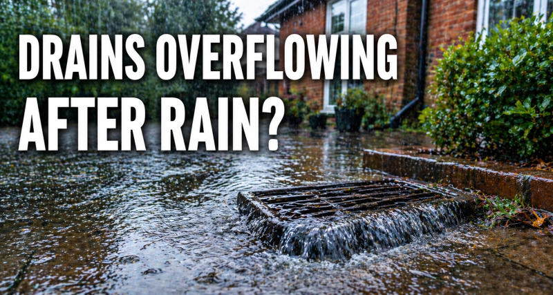 Outdoor drain overflowing during heavy rain at a Kingston property with water pooling on driveway