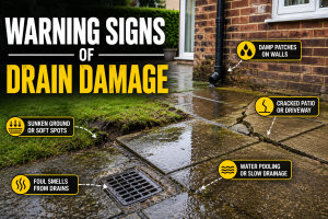 Drain damage warning signs outside a Kingston home with cracked patio and damp ground