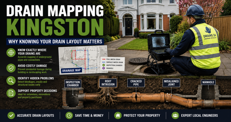 Drain mapping survey in Kingston showing CCTV inspection equipment, underground pipe layout, manholes and drainage connections beneath a residential property