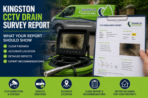 Infographic explaining a Kingston CCTV drain survey report with pipe condition, defects, drainage map, CCTV footage and repair recommendations.