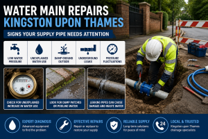 water main repairs Kingston upon Thames with signs of supply pipe leaks, low pressure, damp ground and underground pipe damage.