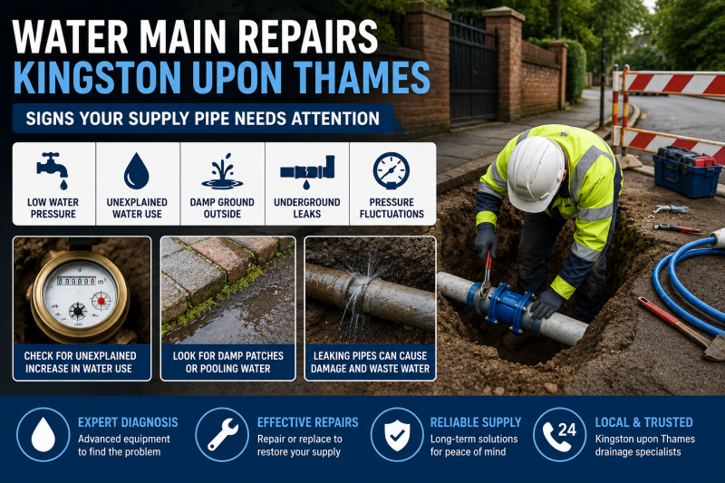 water main repairs Kingston upon Thames with signs of supply pipe leaks, low pressure, damp ground and underground pipe damage.