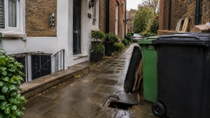 Converted Kingston property with shared entrance, damp paving, inspection chamber and drainage equipment showing shared pipework issues in flats.