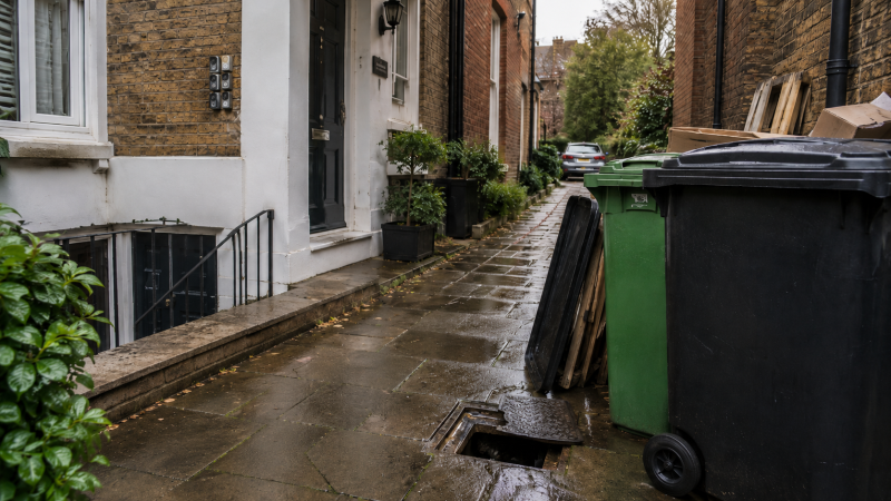 Converted Kingston property with shared entrance, damp paving, inspection chamber and drainage equipment showing shared pipework issues in flats.