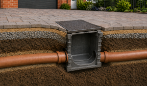 Drainage engineer checking a slightly sunken inspection chamber cover in the block-paved driveway of a UK home.