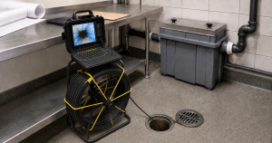 Drain camera inspection beside a grease interceptor and commercial kitchen plans in an empty Kingston restaurant unit.