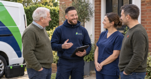 Drains24 engineer Oli meeting NHS, military and over-65 customers outside a Kingston home.