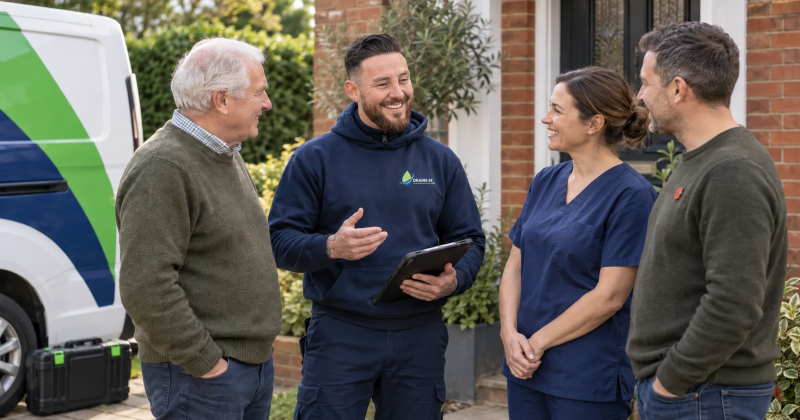 Drains24 engineer Oli meeting NHS, military and over-65 customers outside a Kingston home.